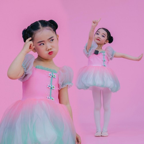Children Pink with green gradient ballet dance jazz dance dresses tutu skirts girl gauze skirt modern jazz dance costume toddler performance dress